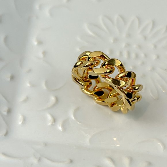 Gold Plated Cuban Chain Ring Gold Trendy Big Ring Size 7 - Picture 7 of 10